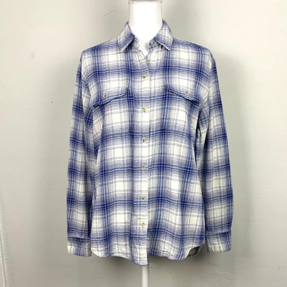 Old Navy The Boyfriend Shirt Women Size S Tall Flannel Plaid Blue White